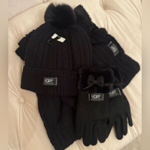 UGG Winter Black Sweather weather pom pom hat& infinity scarf glove se…NWT